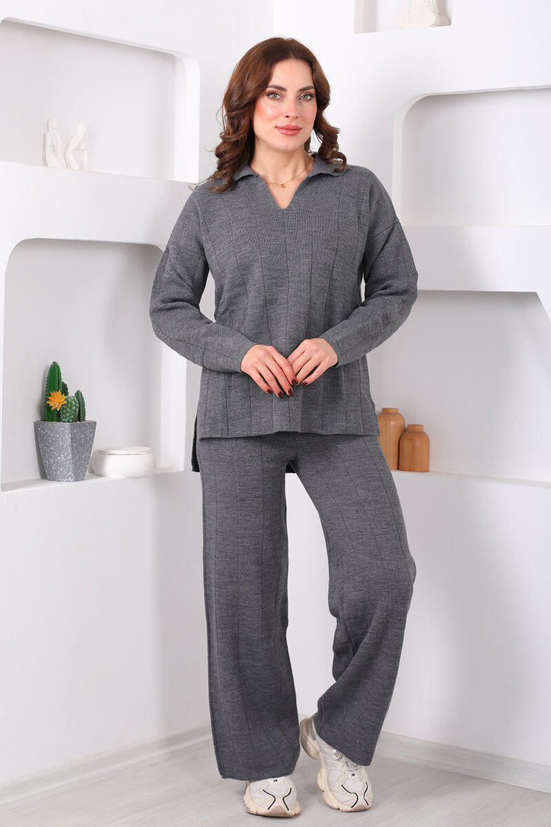 Polo Yaka Fitilli Antrasit Kadın Triko Takım - 7