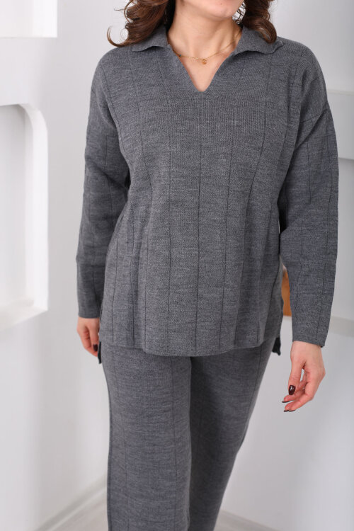 Polo Yaka Fitilli Antrasit Kadın Triko Takım - Berox (1)