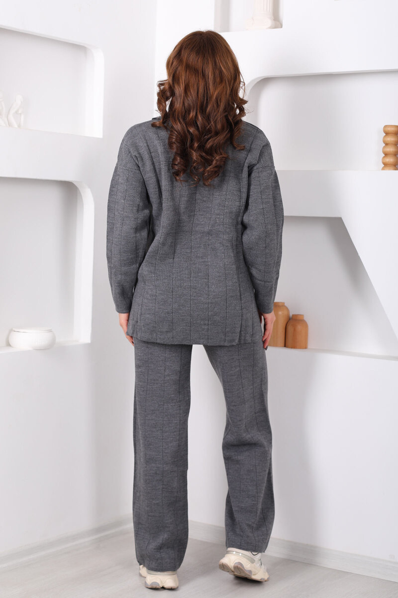 Polo Yaka Fitilli Antrasit Kadın Triko Takım - 5