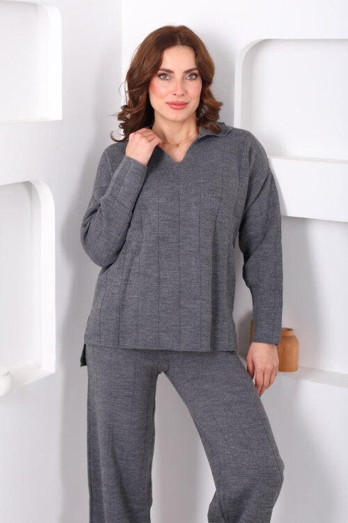 Polo Yaka Fitilli Antrasit Kadın Triko Takım - Berox