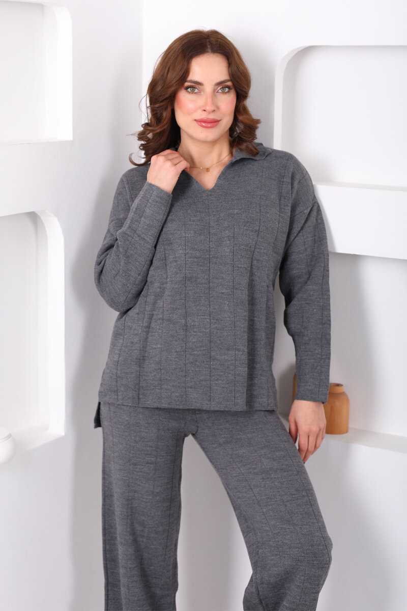 Polo Yaka Fitilli Antrasit Kadın Triko Takım - 1