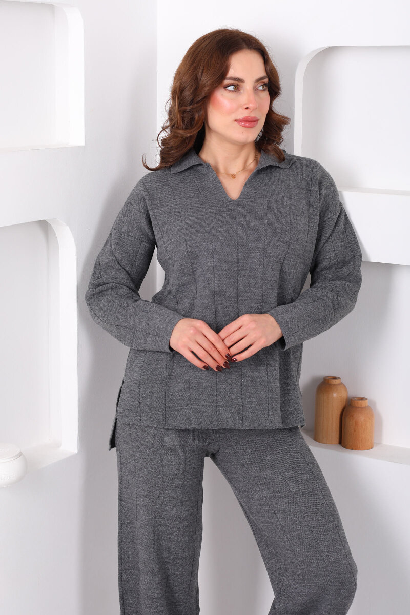 Polo Yaka Fitilli Antrasit Kadın Triko Takım - 3