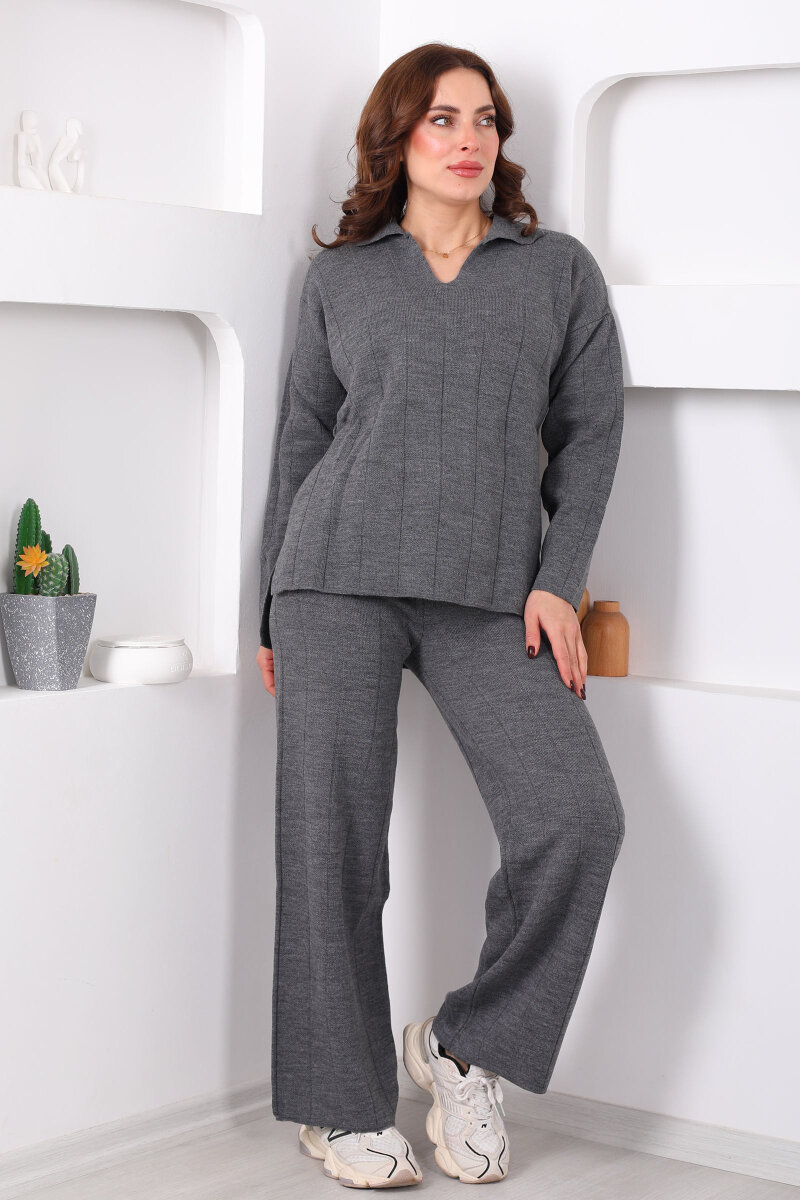 Polo Yaka Fitilli Antrasit Kadın Triko Takım - 4