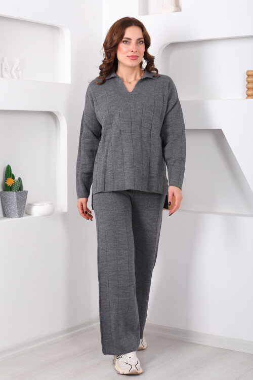 Polo Yaka Fitilli Antrasit Kadın Triko Takım - 6