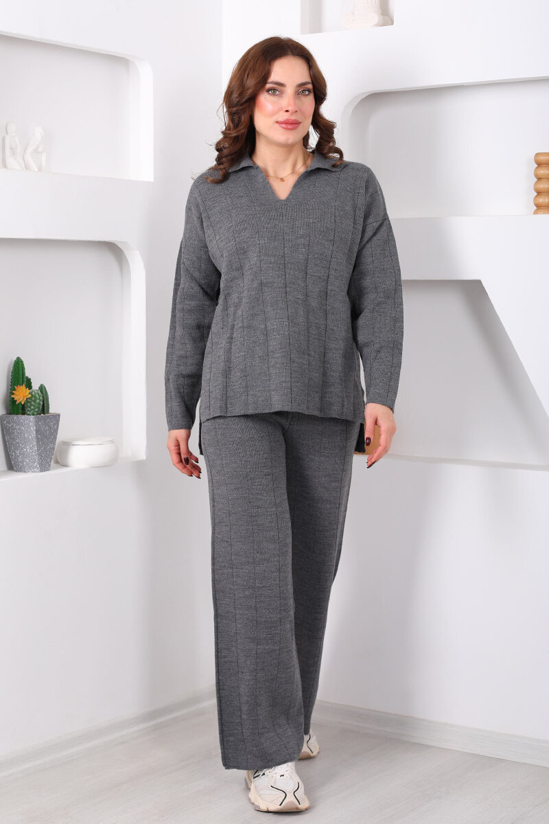 Polo Yaka Fitilli Antrasit Kadın Triko Takım - 6