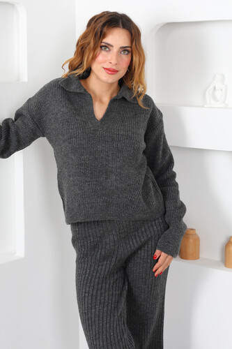 Polo Yaka Fitilli Antrasit KadınTriko Takım - Berox