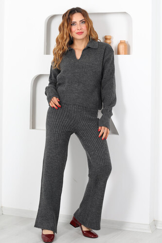 Polo Yaka Fitilli Antrasit KadınTriko Takım - Berox (1)