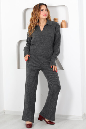 Polo Yaka Fitilli Antrasit KadınTriko Takım - 3