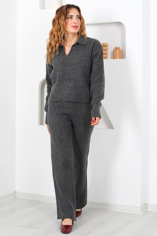 Polo Yaka Fitilli Antrasit KadınTriko Takım - 4