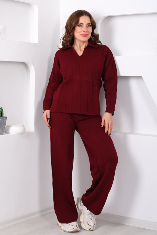 Polo Yaka Fitilli Bordo Kadın Triko Takım - 3