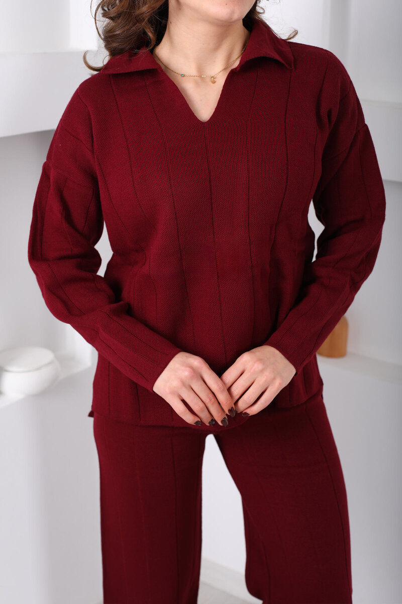 Polo Yaka Fitilli Bordo Kadın Triko Takım - 2