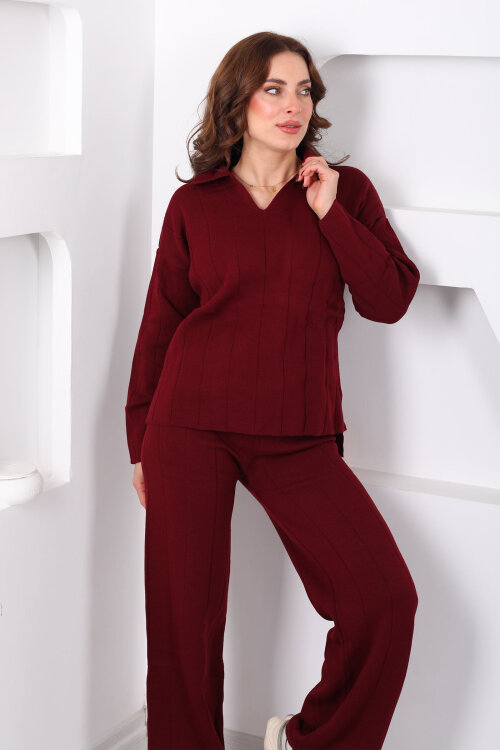 Polo Yaka Fitilli Bordo Kadın Triko Takım - Berox