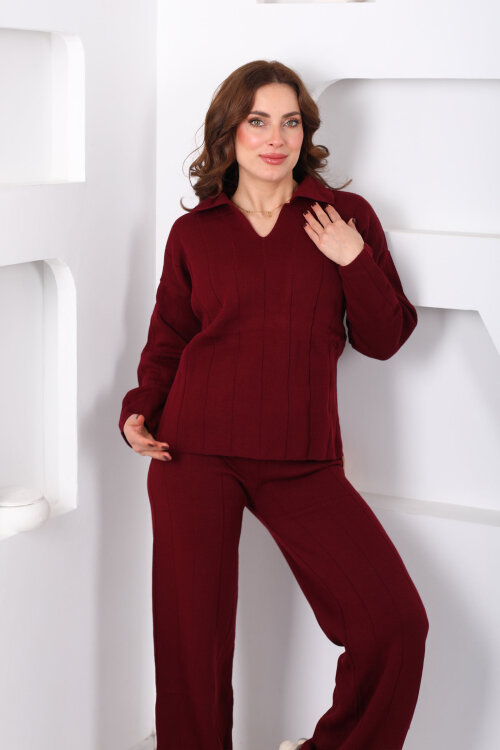 Polo Yaka Fitilli Bordo Kadın Triko Takım - 4