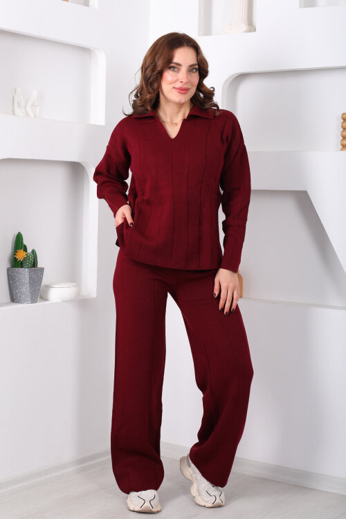 Polo Yaka Fitilli Bordo Kadın Triko Takım - 5