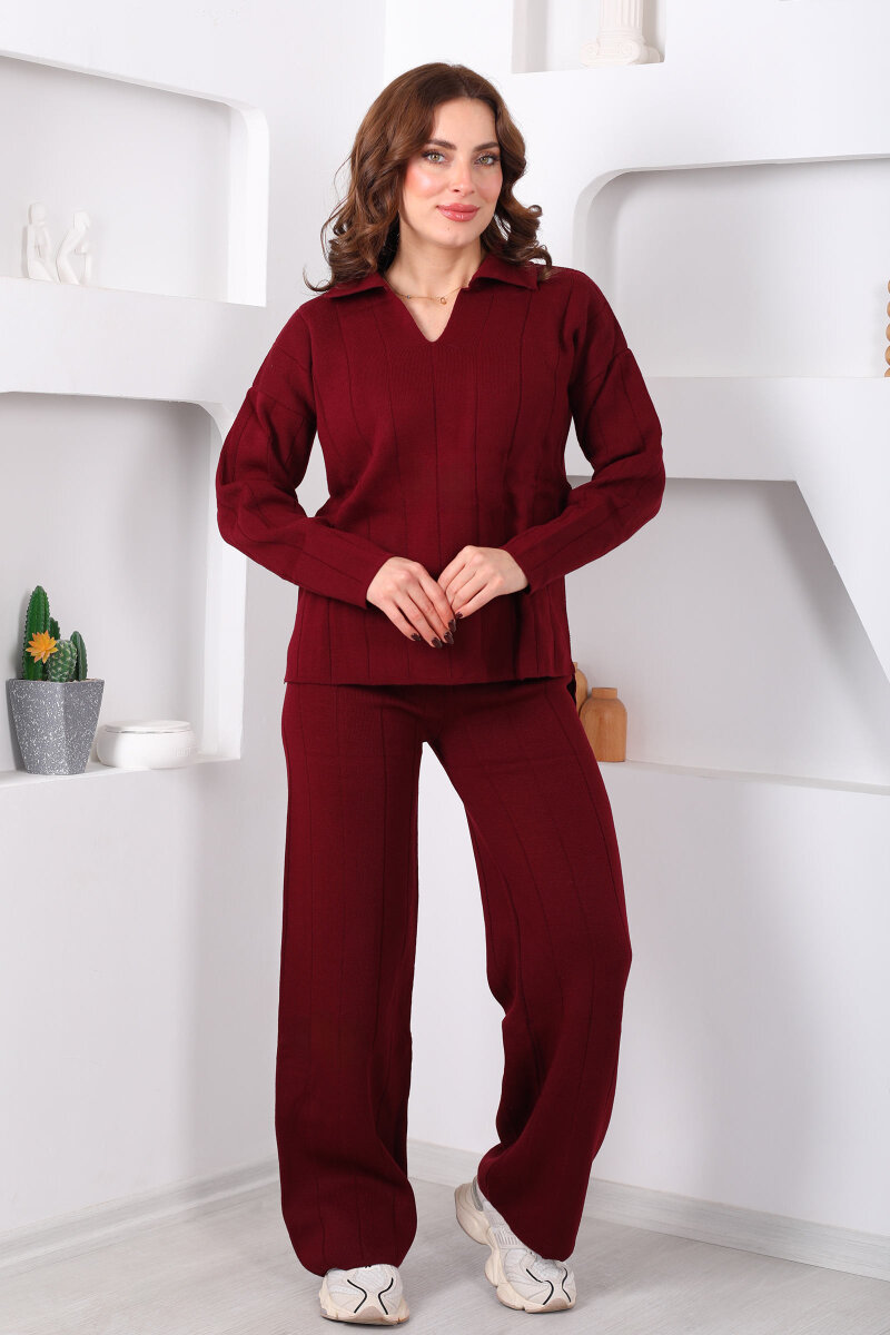 Polo Yaka Fitilli Bordo Kadın Triko Takım - 7