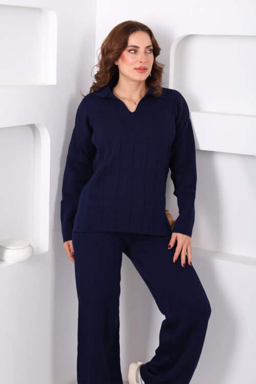 Polo Yaka Fitilli Lacivert Kadın Triko Takım - 6