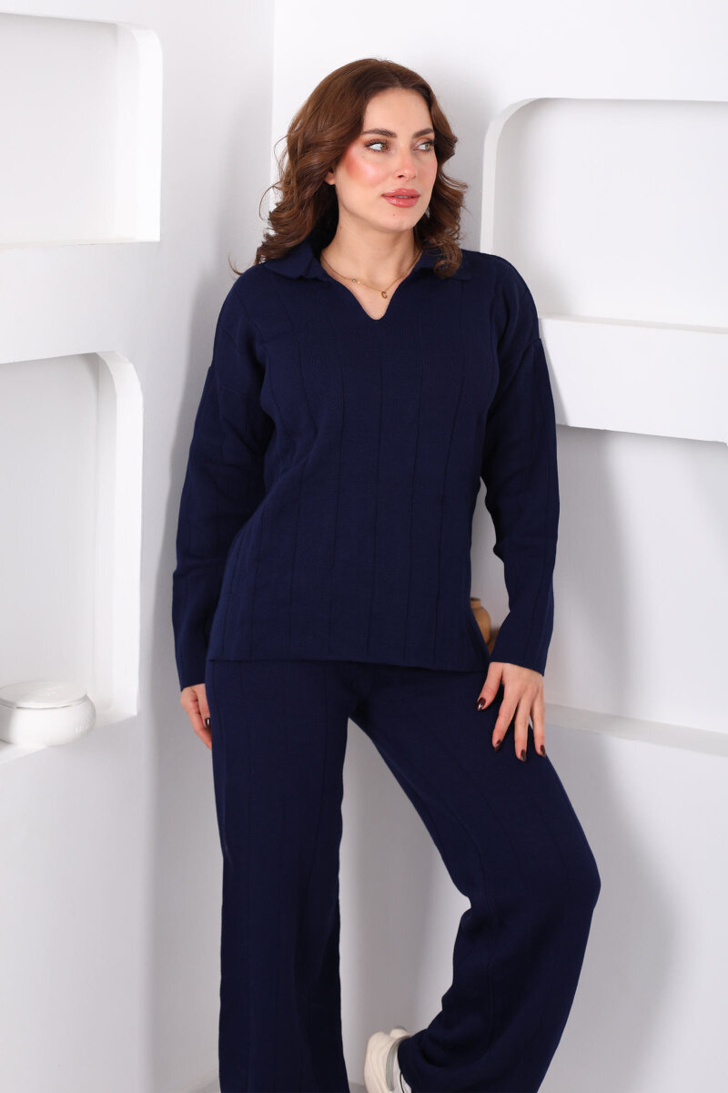 Polo Yaka Fitilli Lacivert Kadın Triko Takım - 6