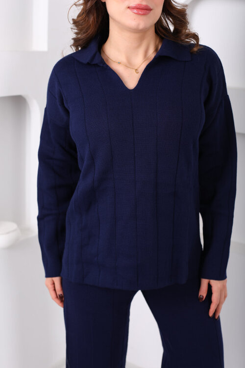 Polo Yaka Fitilli Lacivert Kadın Triko Takım - Berox (1)