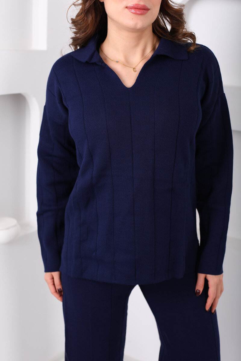 Polo Yaka Fitilli Lacivert Kadın Triko Takım - 2