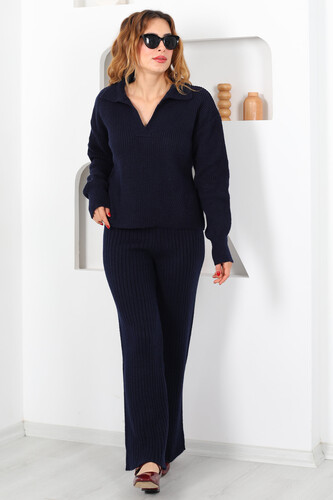 Polo Yaka Fitilli Lacivert KadınTriko Takım - Berox (1)