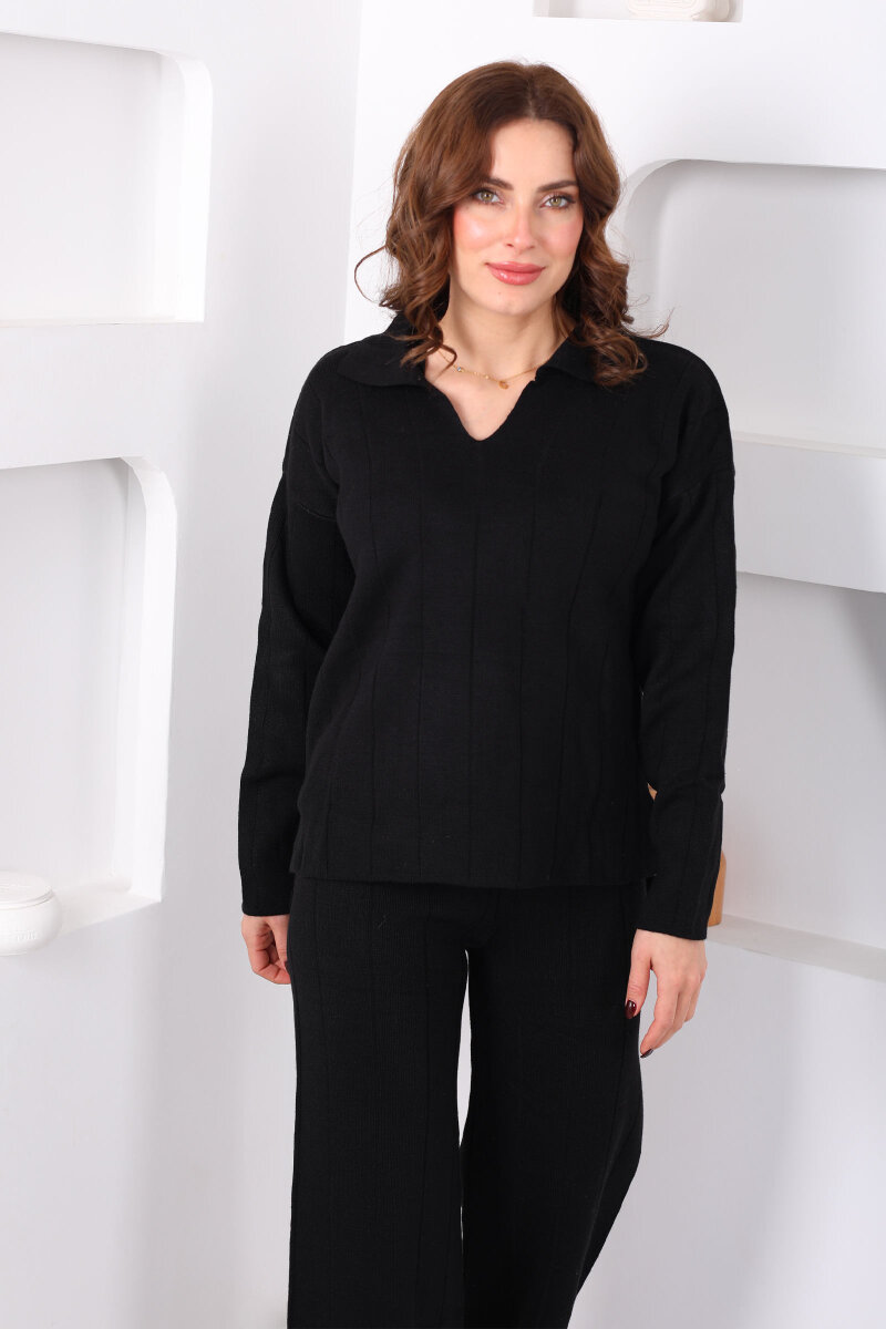 Polo Yaka Fitilli Siyah Kadın Triko Takım - 4