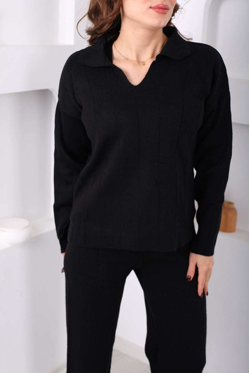 Polo Yaka Fitilli Siyah Kadın Triko Takım - 2