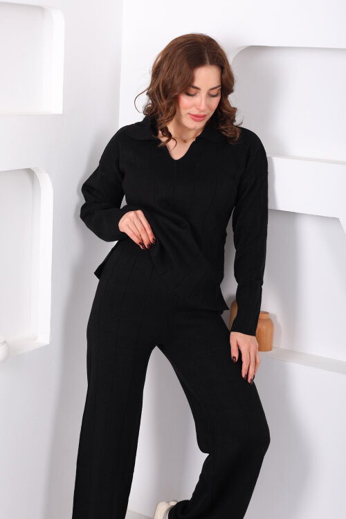 Polo Yaka Fitilli Siyah Kadın Triko Takım - Berox