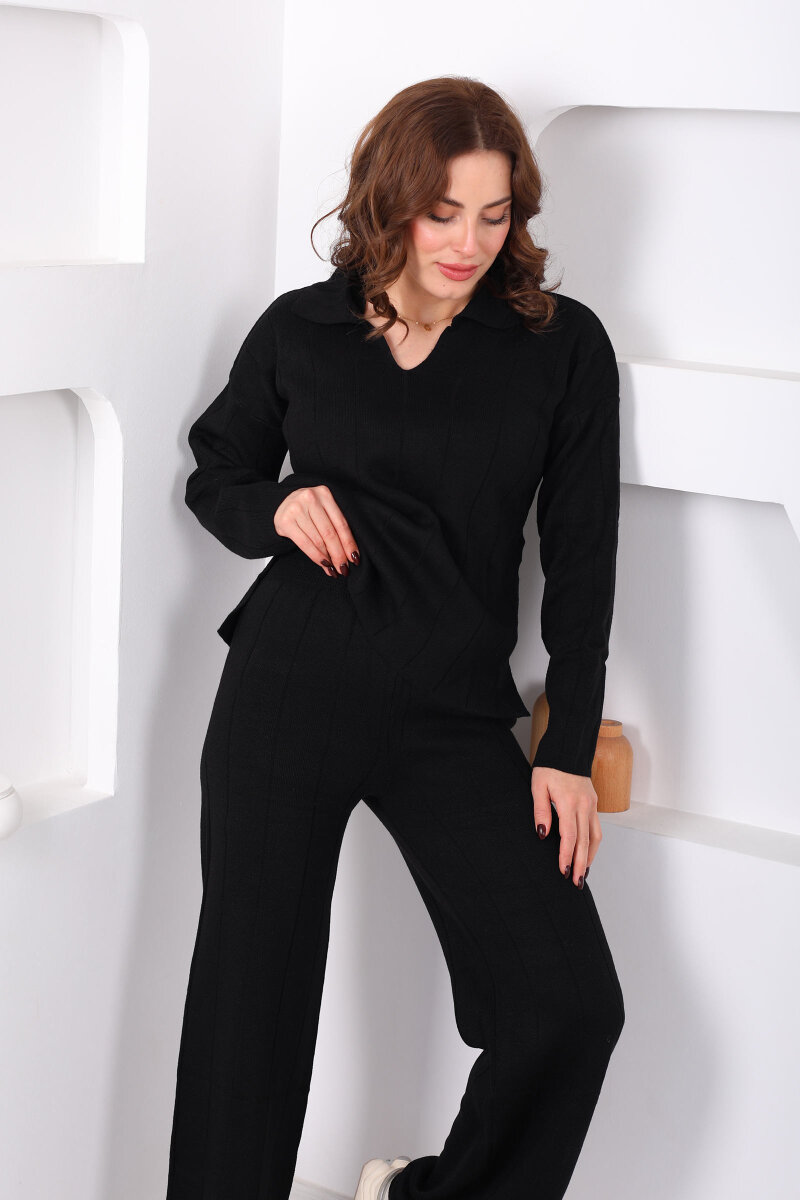 Polo Yaka Fitilli Siyah Kadın Triko Takım - 1