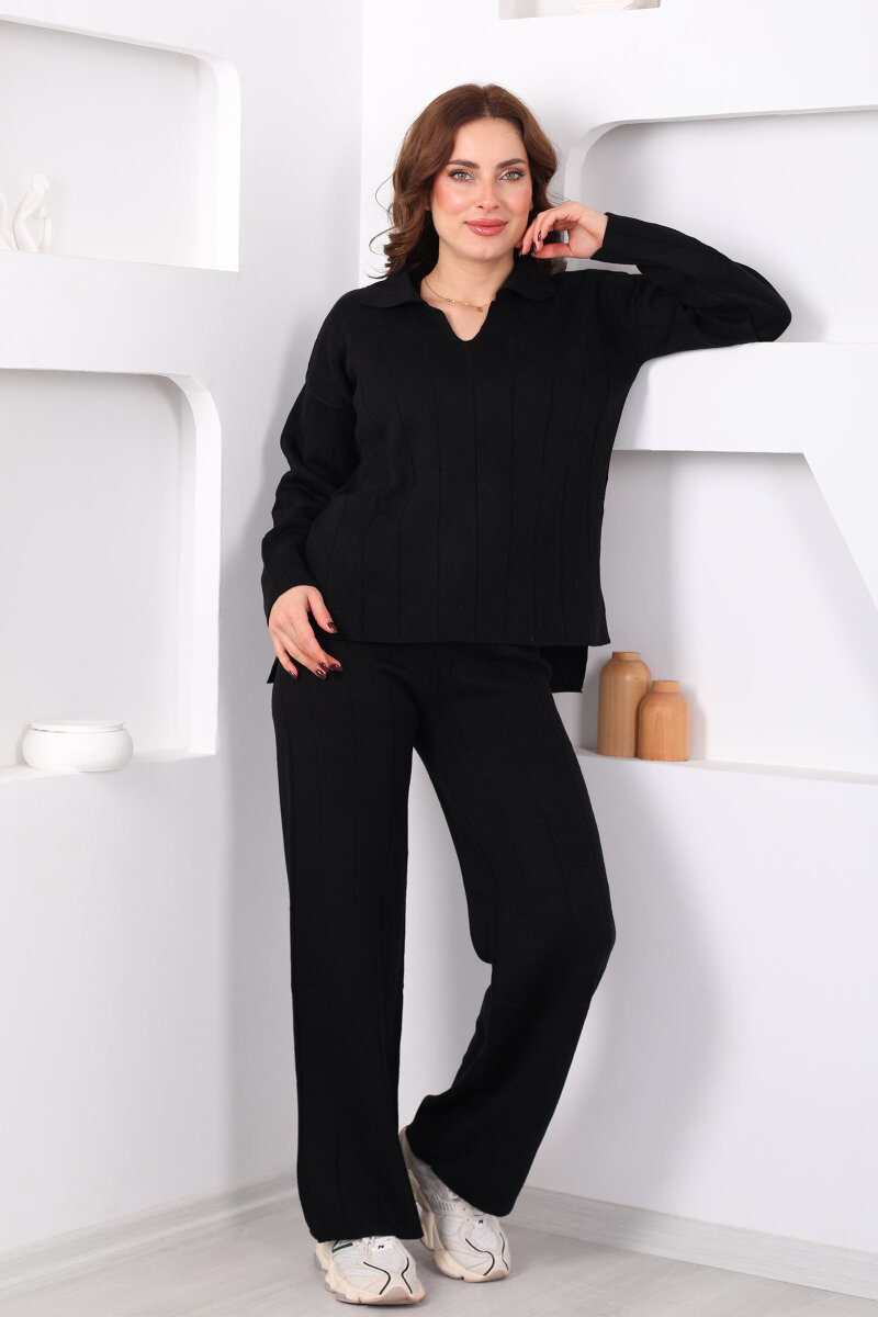 Polo Yaka Fitilli Siyah Kadın Triko Takım - 3