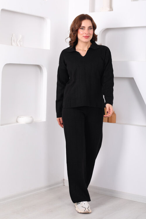 Polo Yaka Fitilli Siyah Kadın Triko Takım - 6