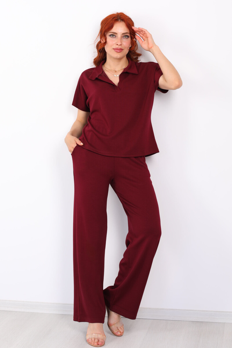 Polo Yaka Kısa Kol Kadın Bordo Modal Takım - 1