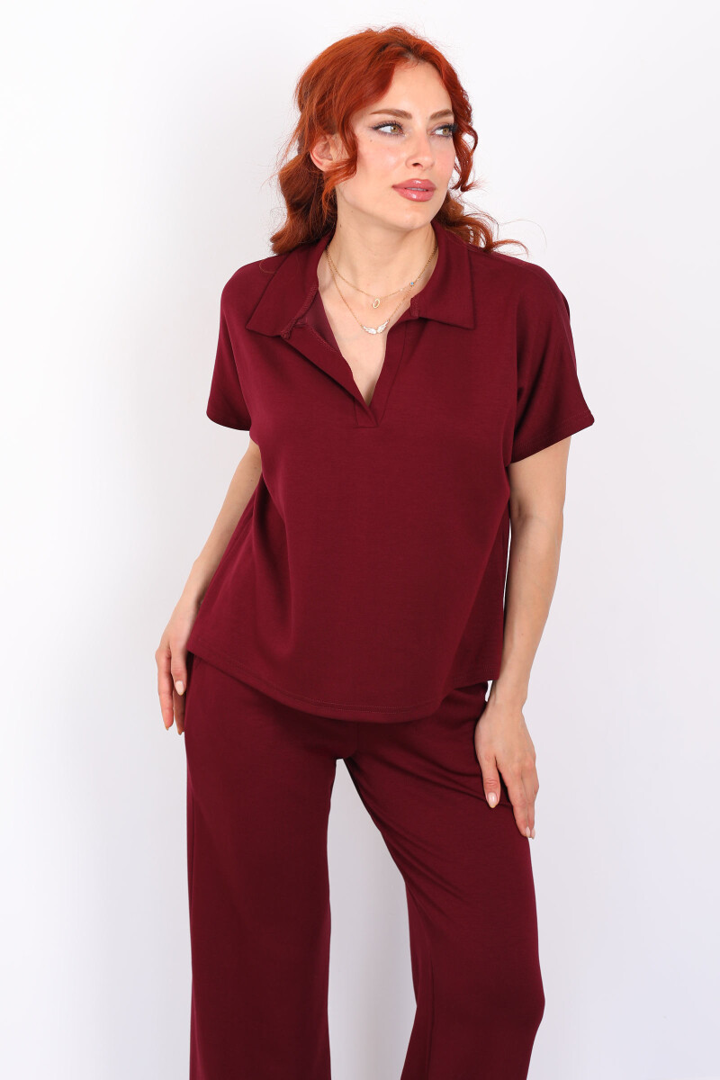 Polo Yaka Kısa Kol Kadın Bordo Modal Takım - 6