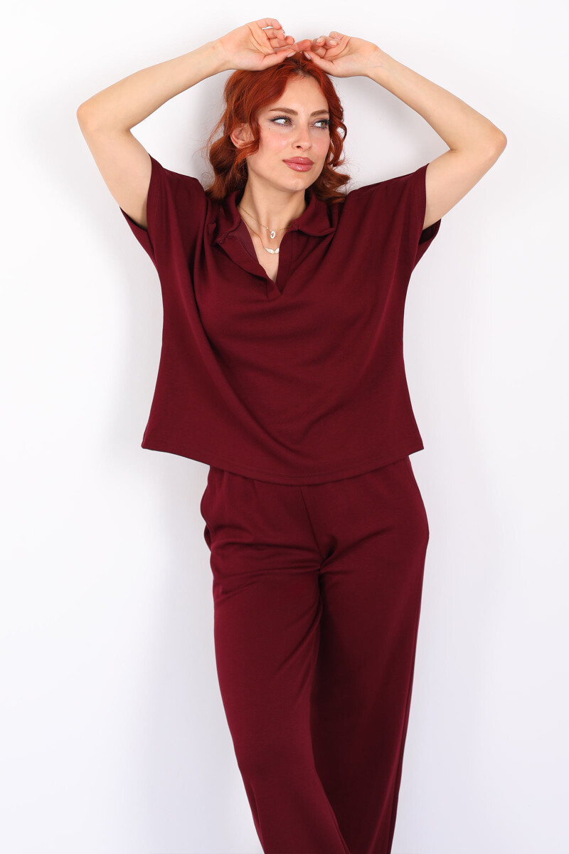 Polo Yaka Kısa Kol Kadın Bordo Modal Takım - 4