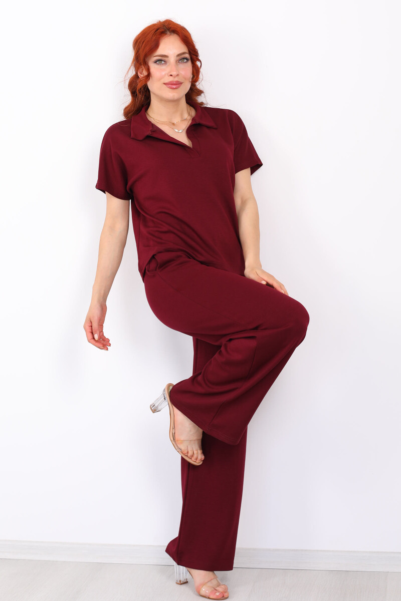 Polo Yaka Kısa Kol Kadın Bordo Modal Takım - 3