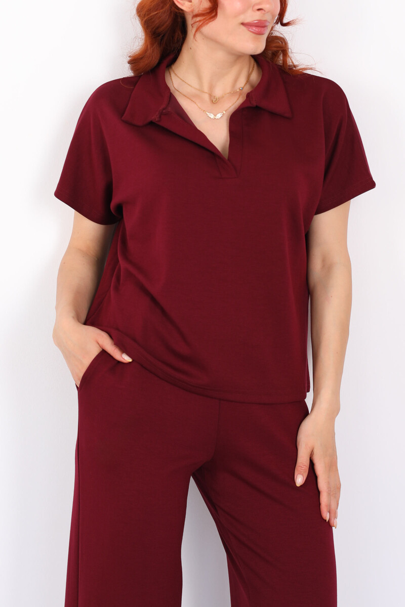 Polo Yaka Kısa Kol Kadın Bordo Modal Takım - 2