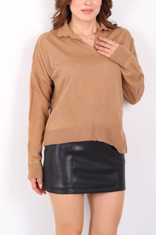 Polo Yaka Kadın Camel Triko Kazak - 2