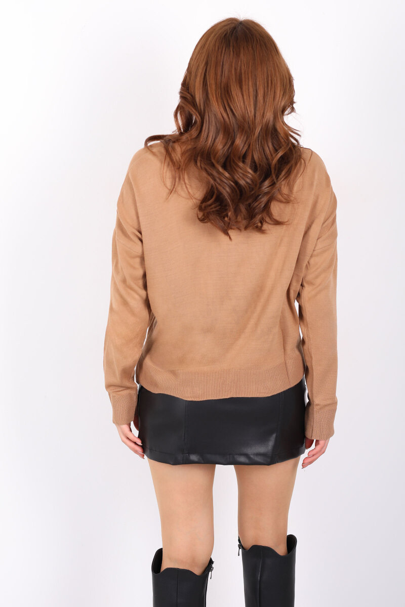 Polo Yaka Kadın Camel Triko Kazak - 4