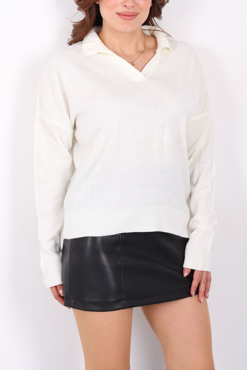 Polo Yaka Kadın Ekru Triko Kazak - 2