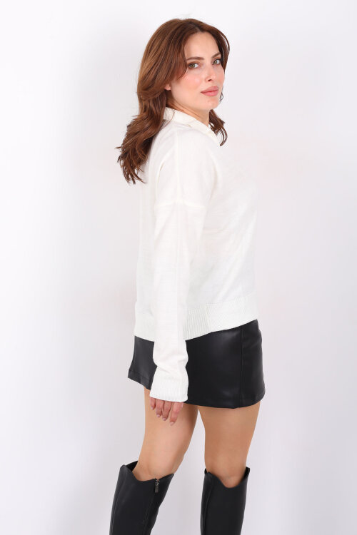 Polo Yaka Kadın Ekru Triko Kazak - 3