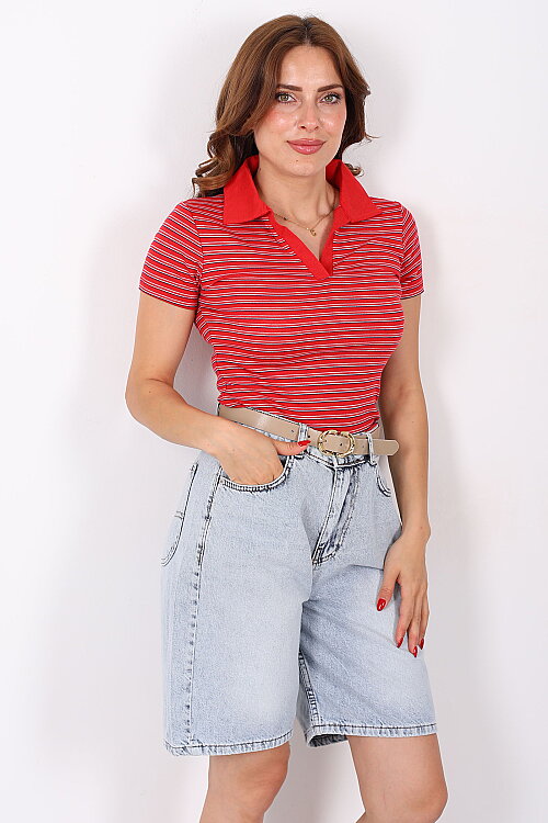 Polo Yaka Kırmızı Kadın Çizgili Body - Berox
