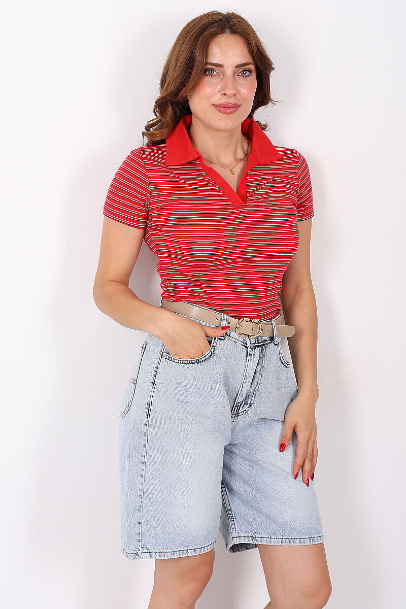 Polo Yaka Kırmızı Kadın Çizgili Body - 1