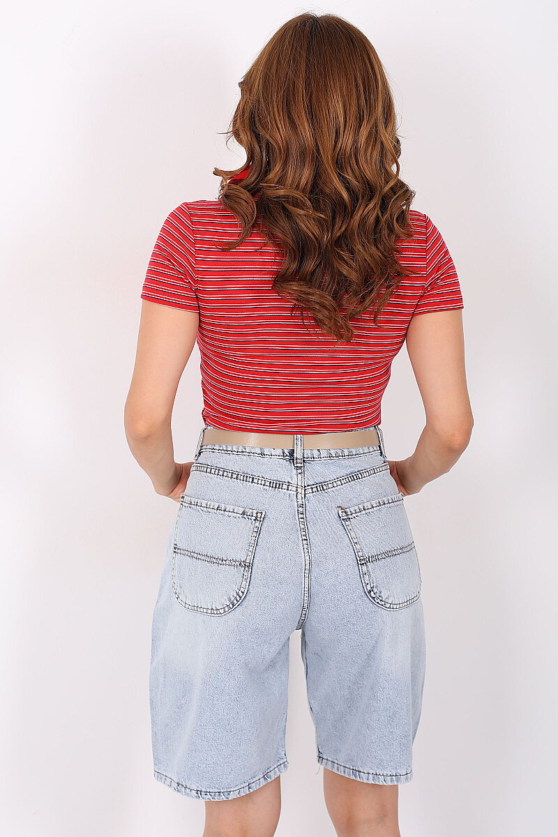 Polo Yaka Kırmızı Kadın Çizgili Body - 4