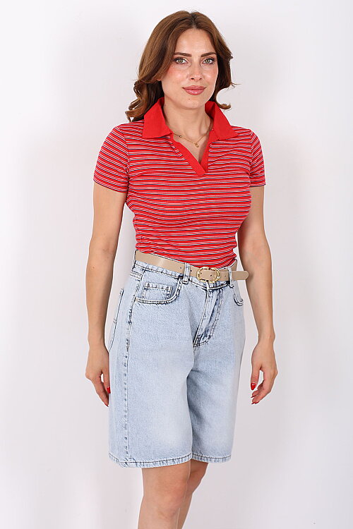 Polo Yaka Kırmızı Kadın Çizgili Body - 5