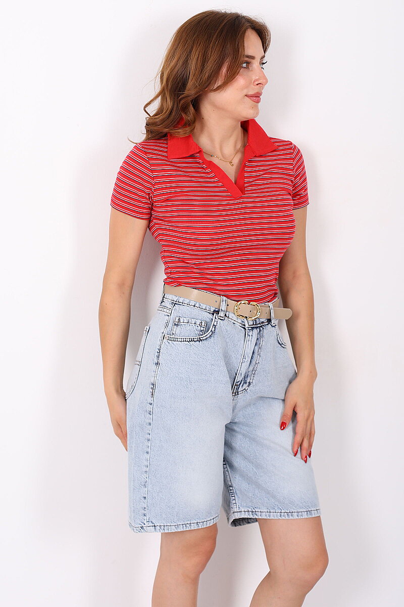 Polo Yaka Kırmızı Kadın Çizgili Body - 3