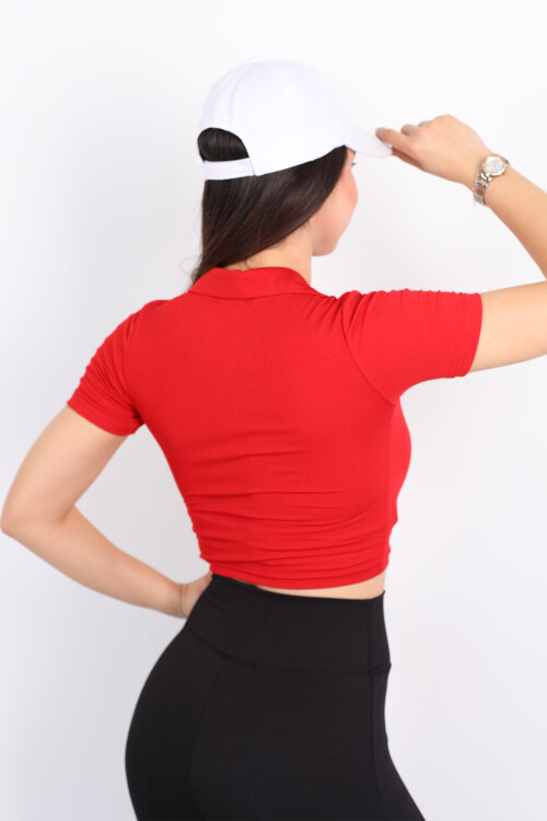 Polo Yaka Kısa Kol Kırmızı Kadın Crop - 4