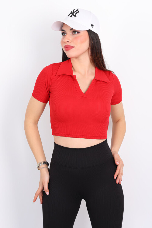 Polo Yaka Kısa Kol Kırmızı Kadın Crop - 3