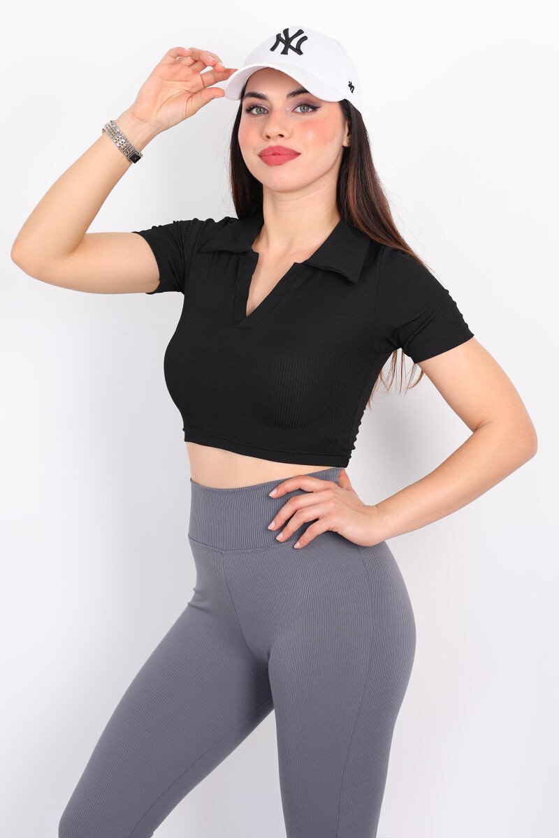 Polo Yaka Kısa Kol Siyah Kadın Crop - 1