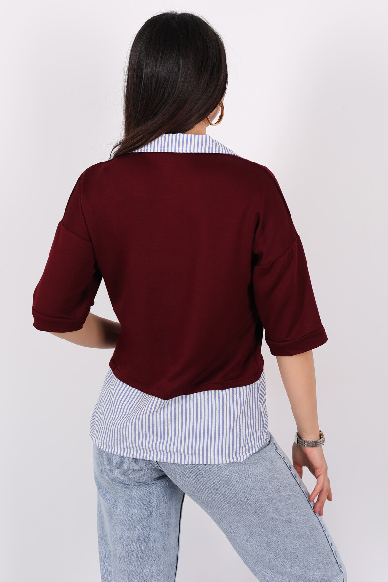 Polo Yaka Kol Çizgili Gömlek Garnili Bordo Kadın Bluz - 5