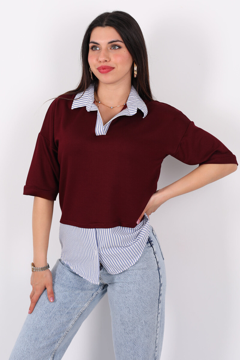 Polo Yaka Kol Çizgili Gömlek Garnili Bordo Kadın Bluz - 4