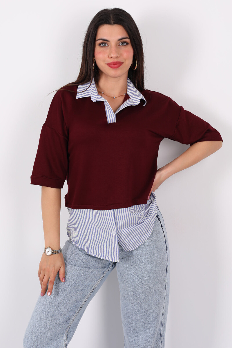 Polo Yaka Kol Çizgili Gömlek Garnili Bordo Kadın Bluz - 1